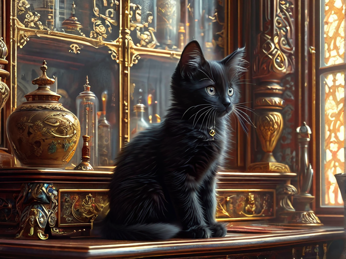 Black kitten seated on an antique sideboard by Sony Desrosiers - Playground