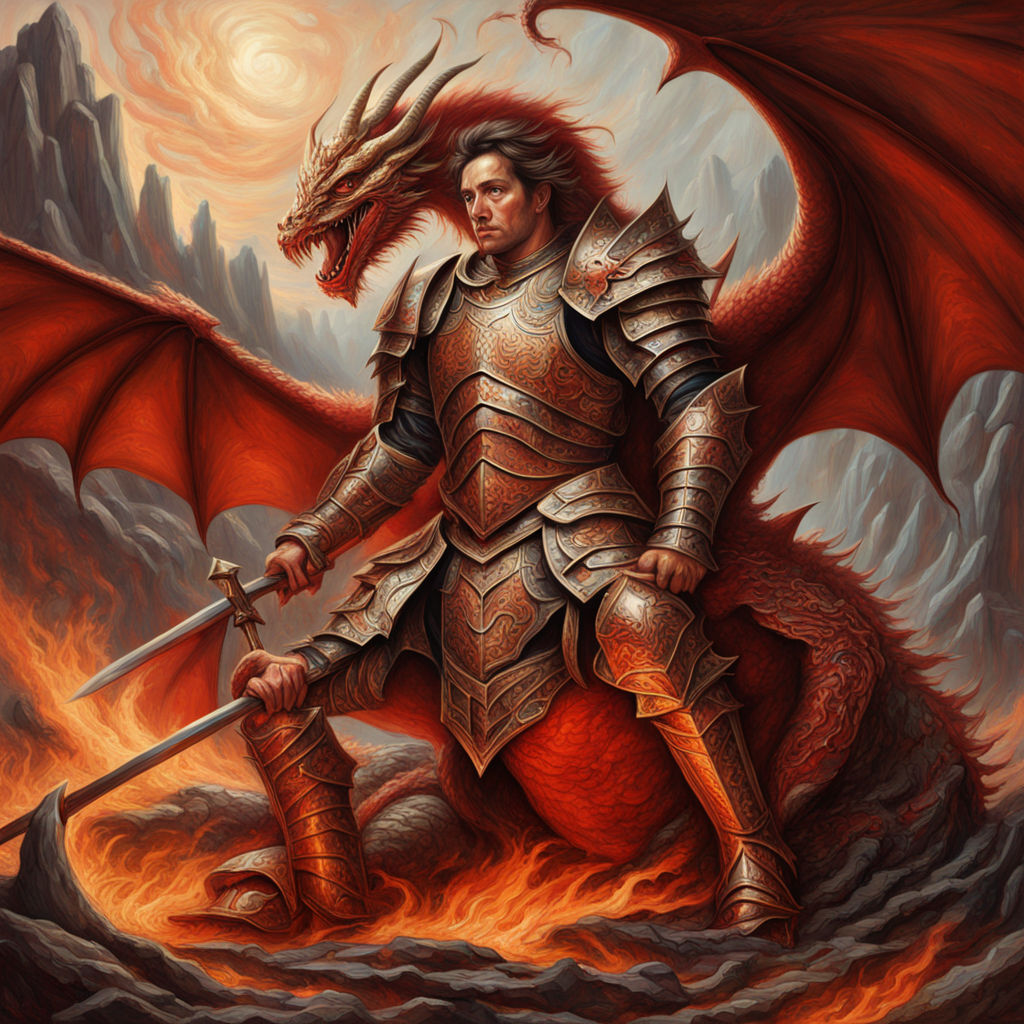 A weary warrior in dragon scale armor stands atop the carcas... by Md ...