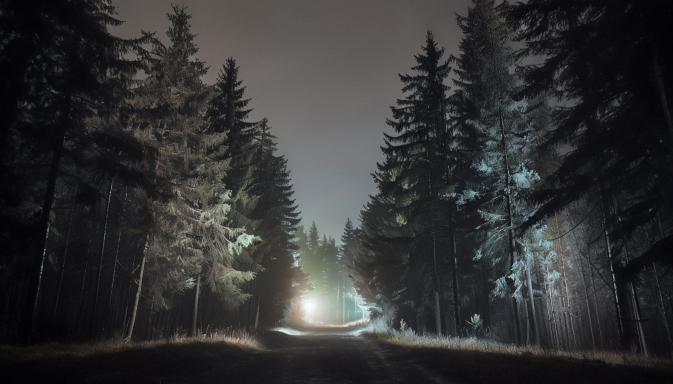 Serene Nighttime Forest Path with Eerie Atmosphere Background