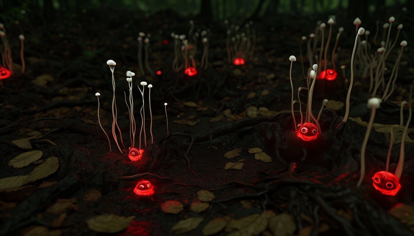 Creepy Bioluminescent Forest Floor Wallpaper with Unsettling Glow Virtual Backgrounds