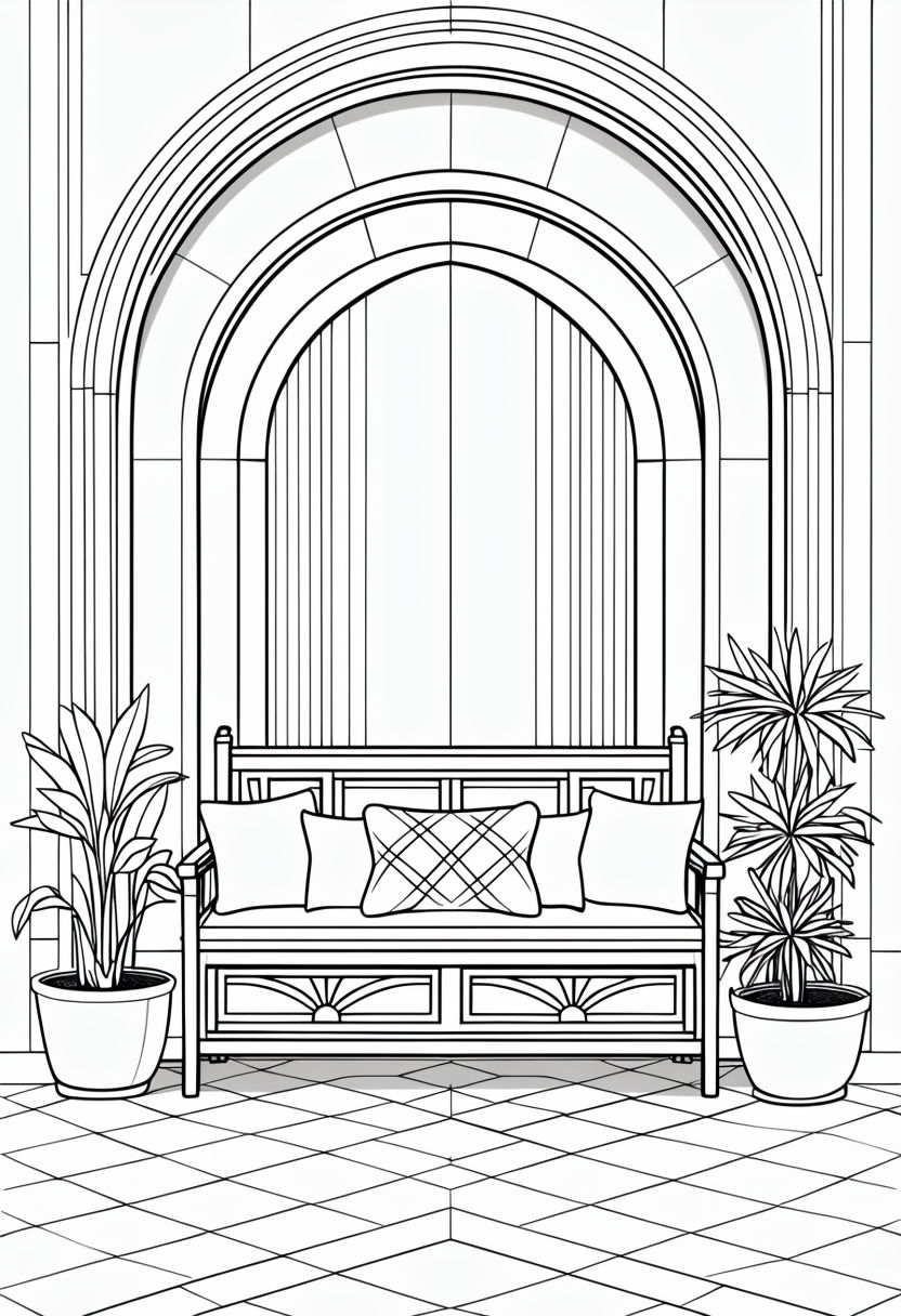 Inviting Indoor Bench Scene with Plants and Archway Coloring Page