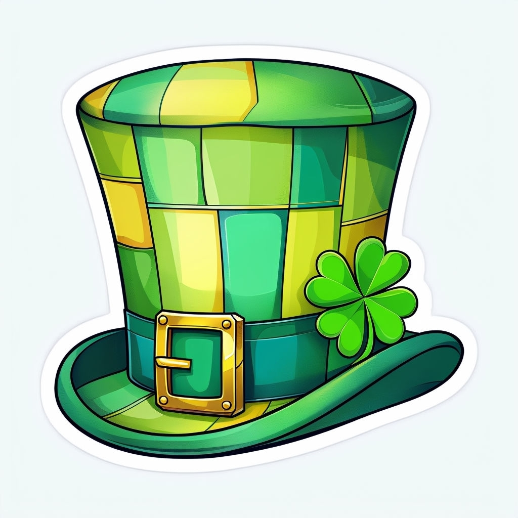 Vibrant Whimsical Top Hat Illustration with Clover Sticker