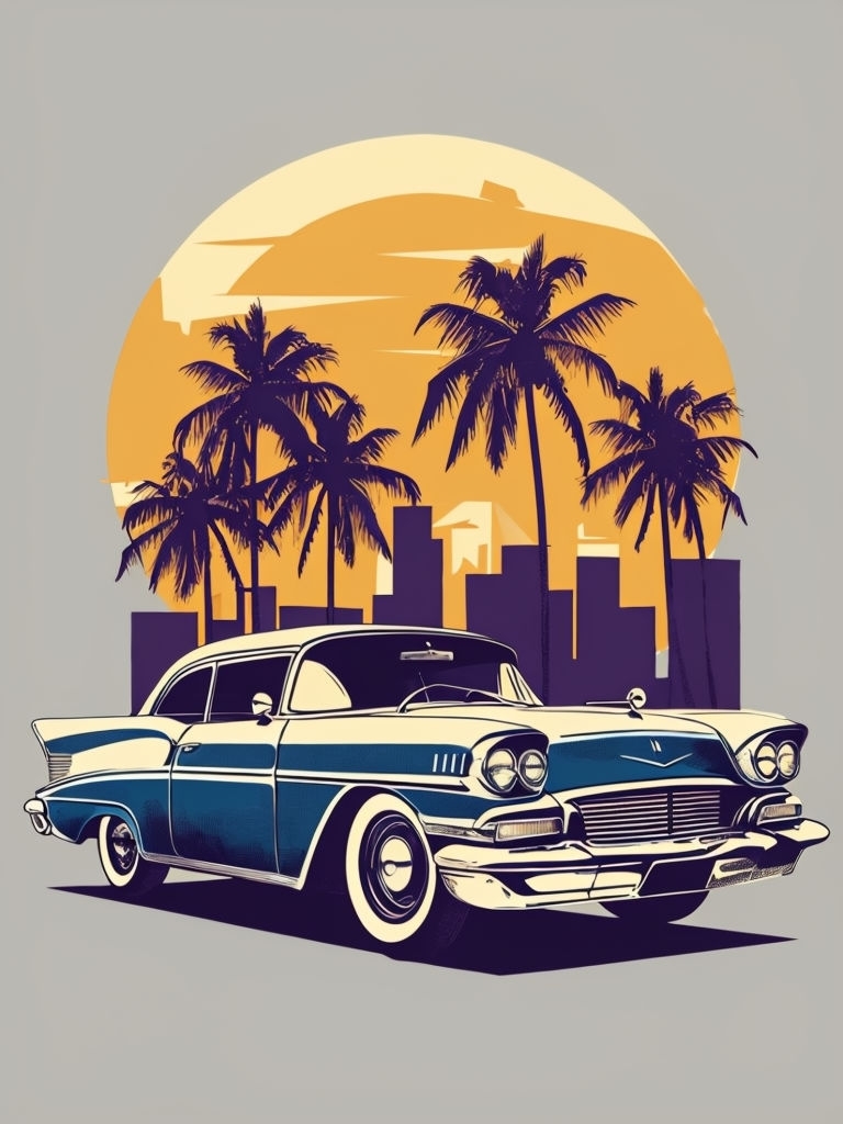 Vintage Blue Car with Palm Trees and Sun Retro T-Shirt