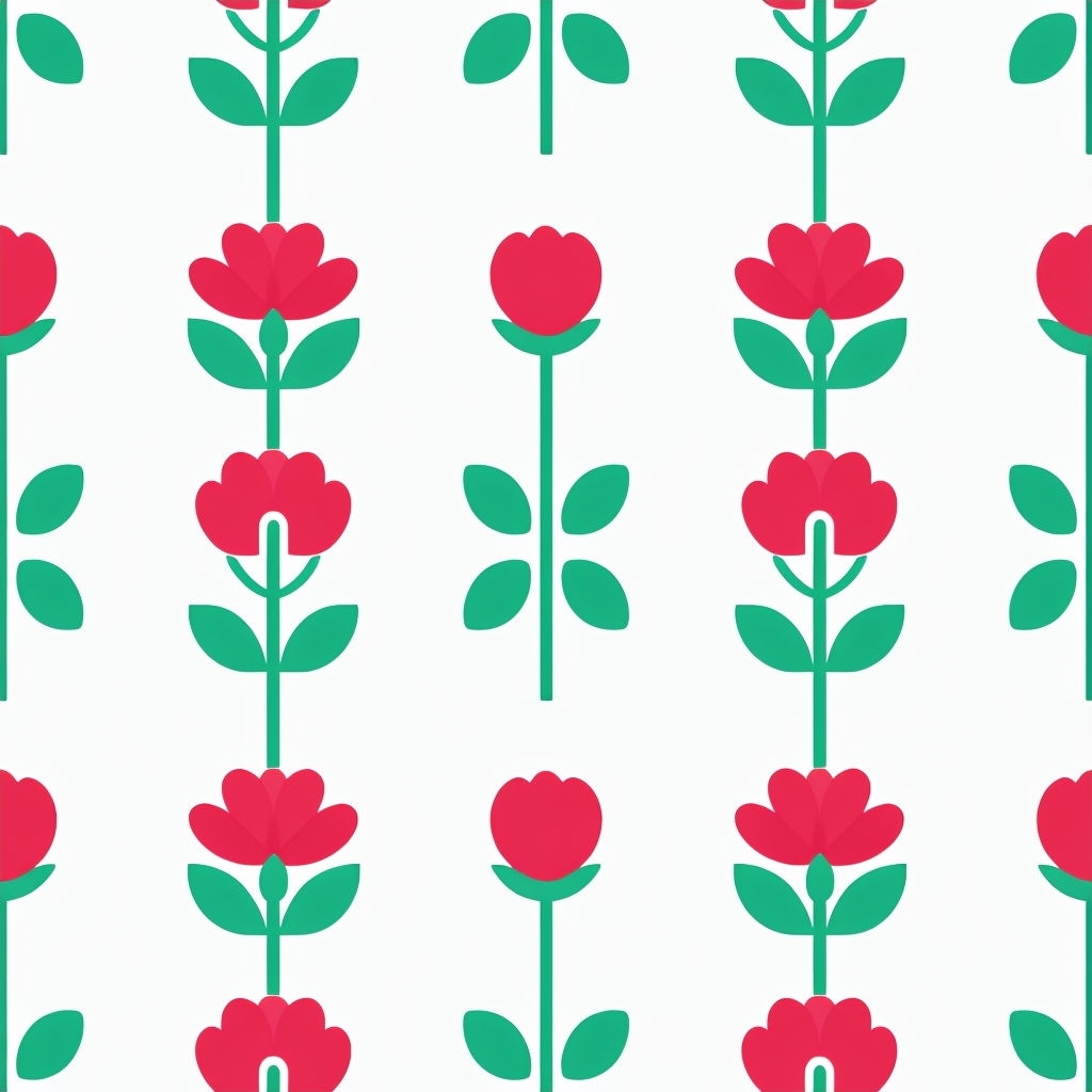 Minimalist Floral Seamless Pattern with Red Flowers and Green Leaves