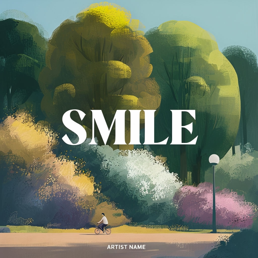 Tranquil Park Scene with Bicycle and Bold Smile Text Cover Spotify Album Cover