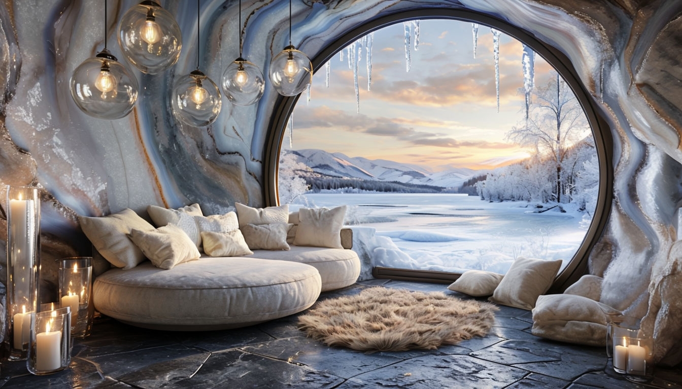 Cozy Rustic Cave Room with Stunning Frozen Landscape Art