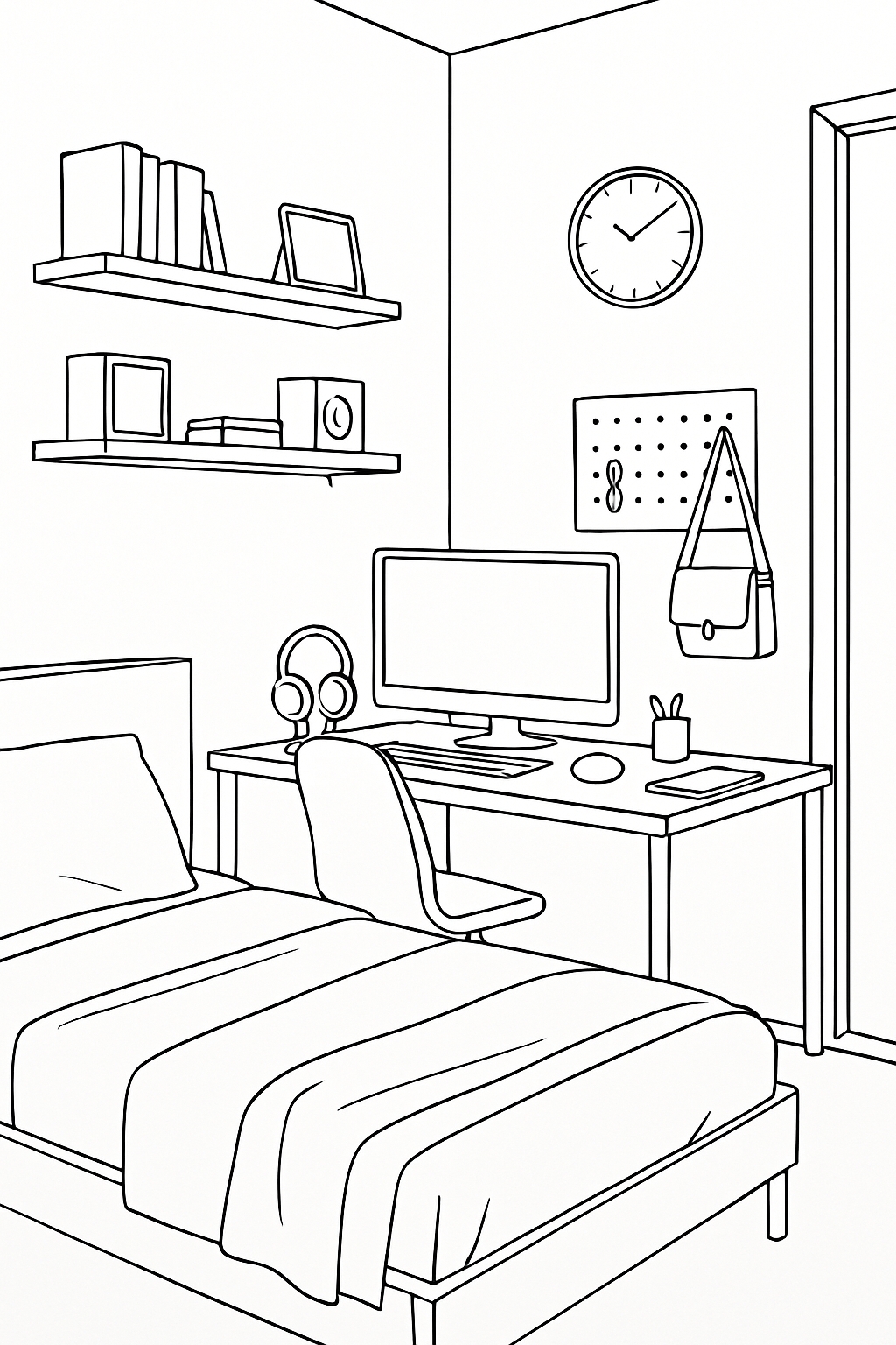 Modern Minimalist Bedroom Line Drawing Coloring Page
