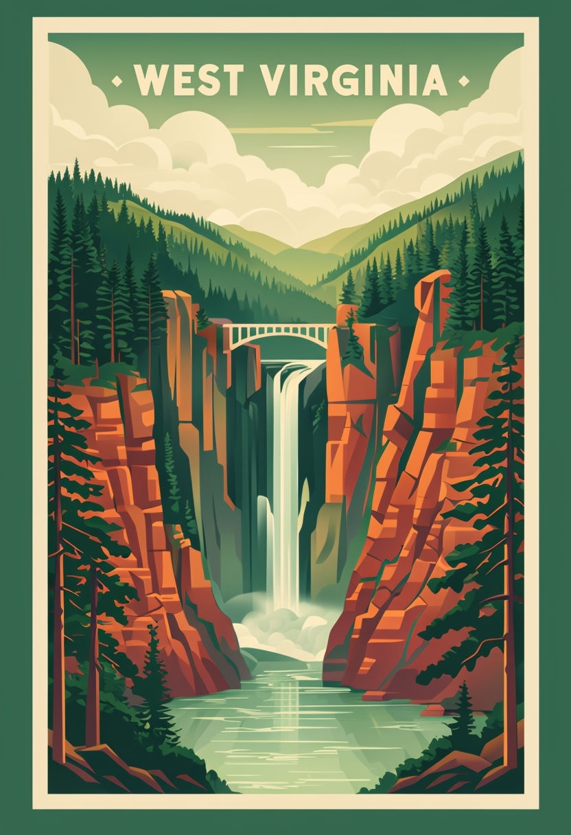 Vintage Tranquil West Virginia Travel Poster Illustration