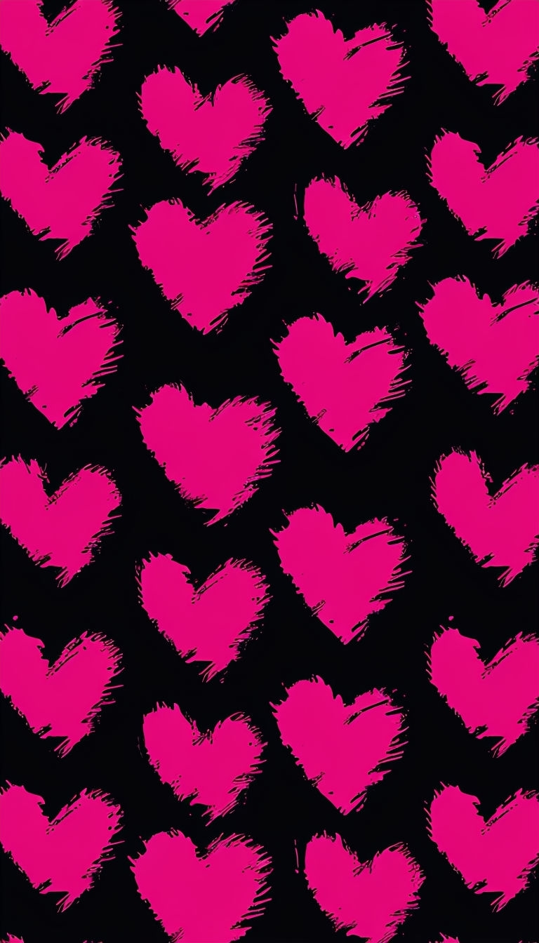 Vibrant Neon Pink Hearts Pattern on Black Background Phone Case Cover