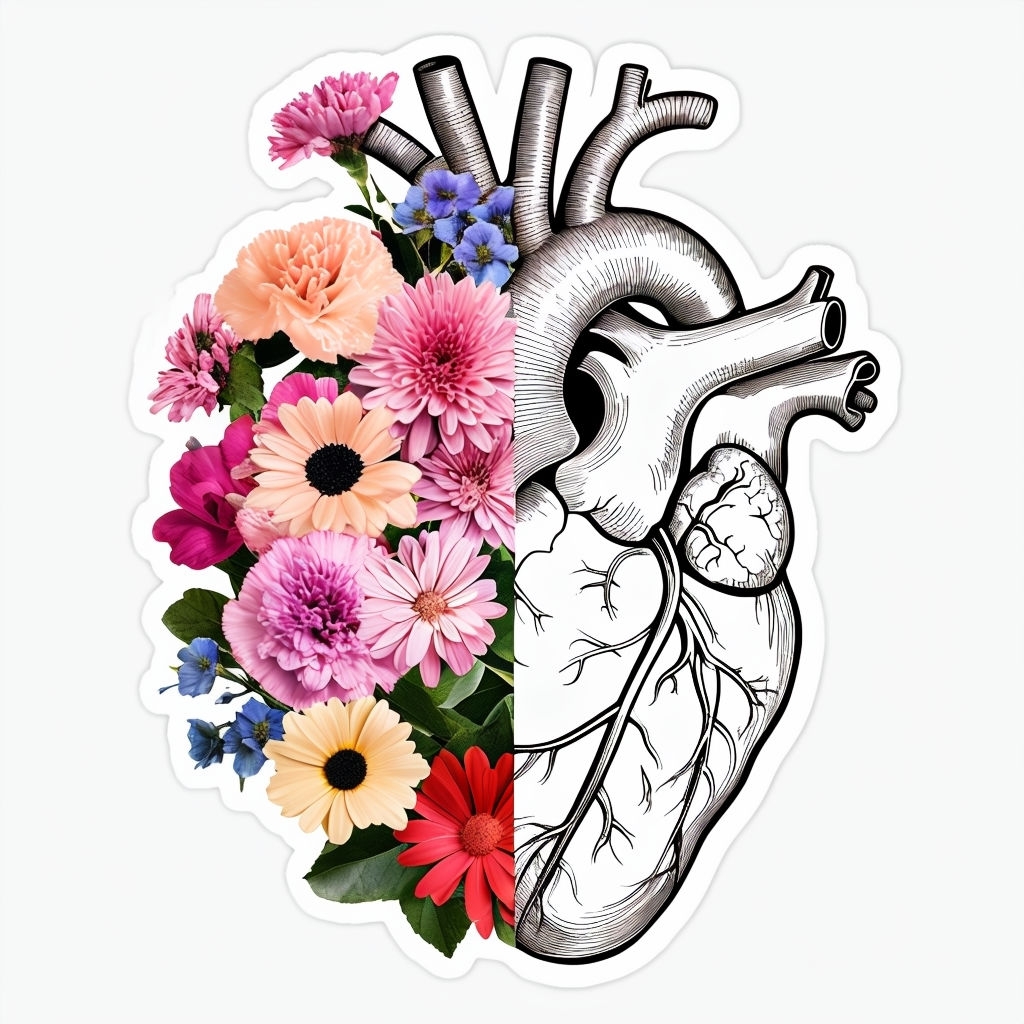 Floral Anatomical Heart Illustration with Detailed Anatomy Sticker