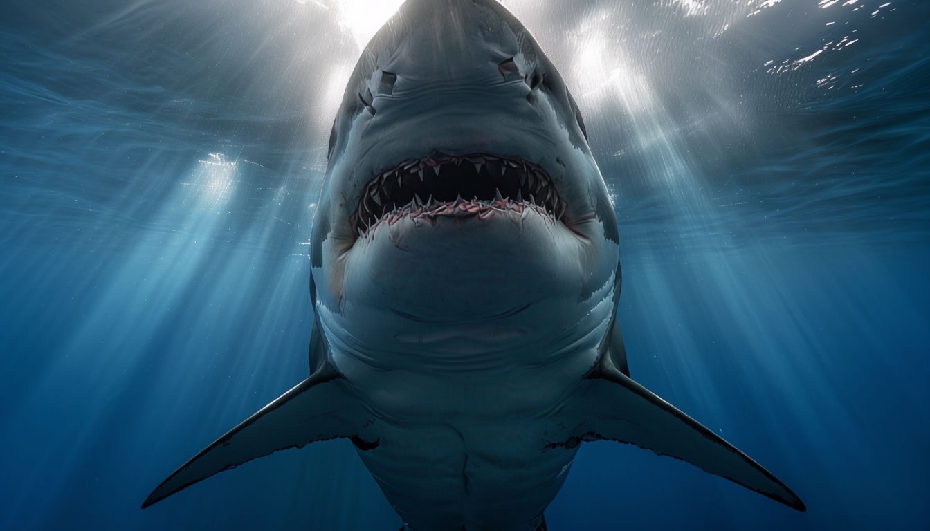 Realistic Great White Shark Swimming Underwater Virtual Background