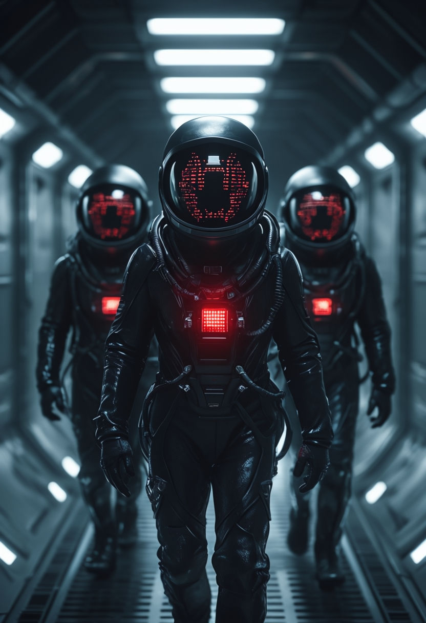 Futuristic Sci-Fi Spacewalkers in Ominous Metallic Hallway Art