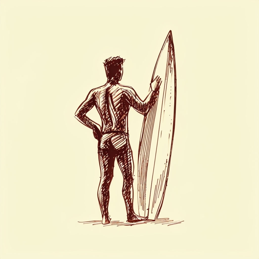 Confident Minimalist Figure with Surfboard Sketch Art