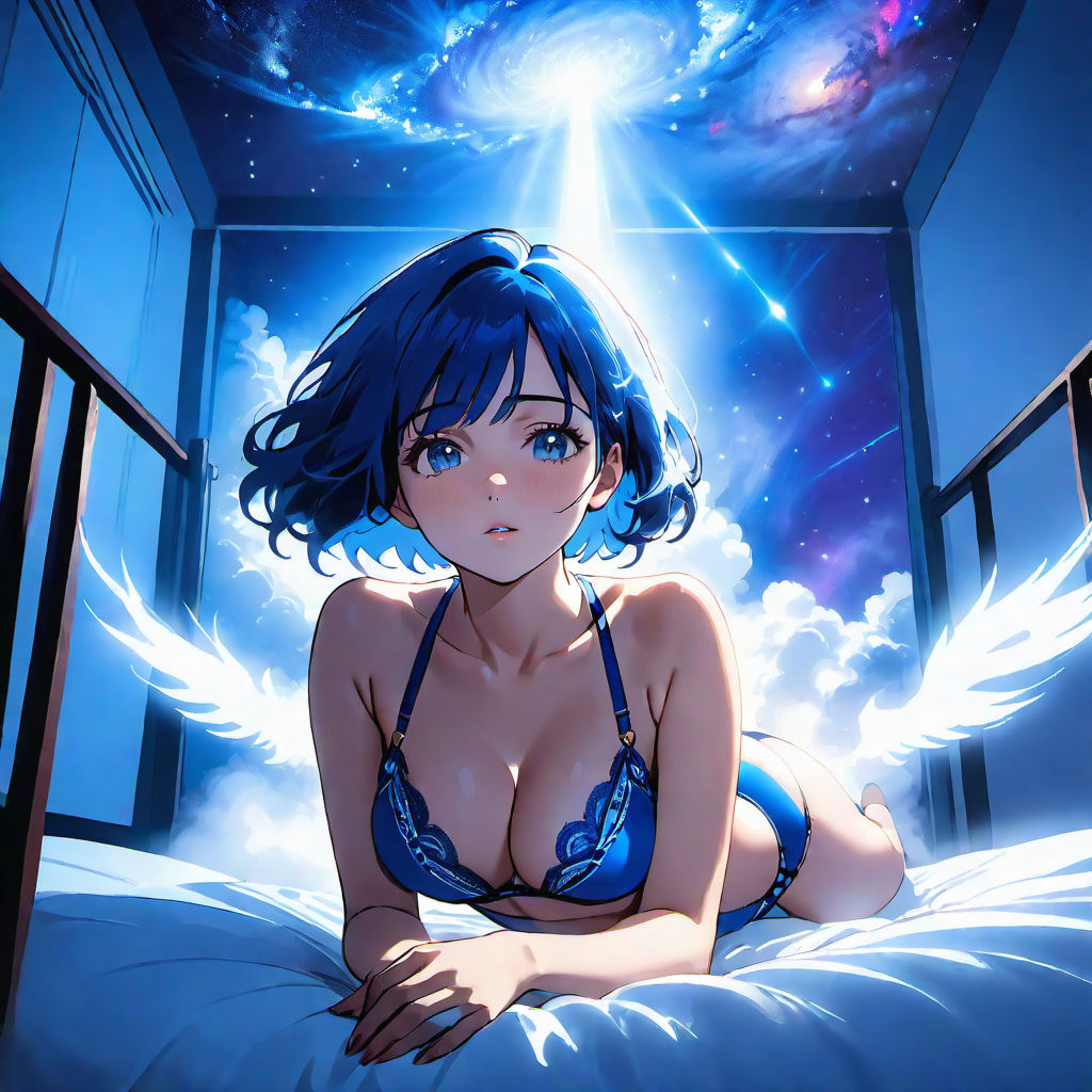 Sexy anime girl laying in bed in bikini and with Big boobs