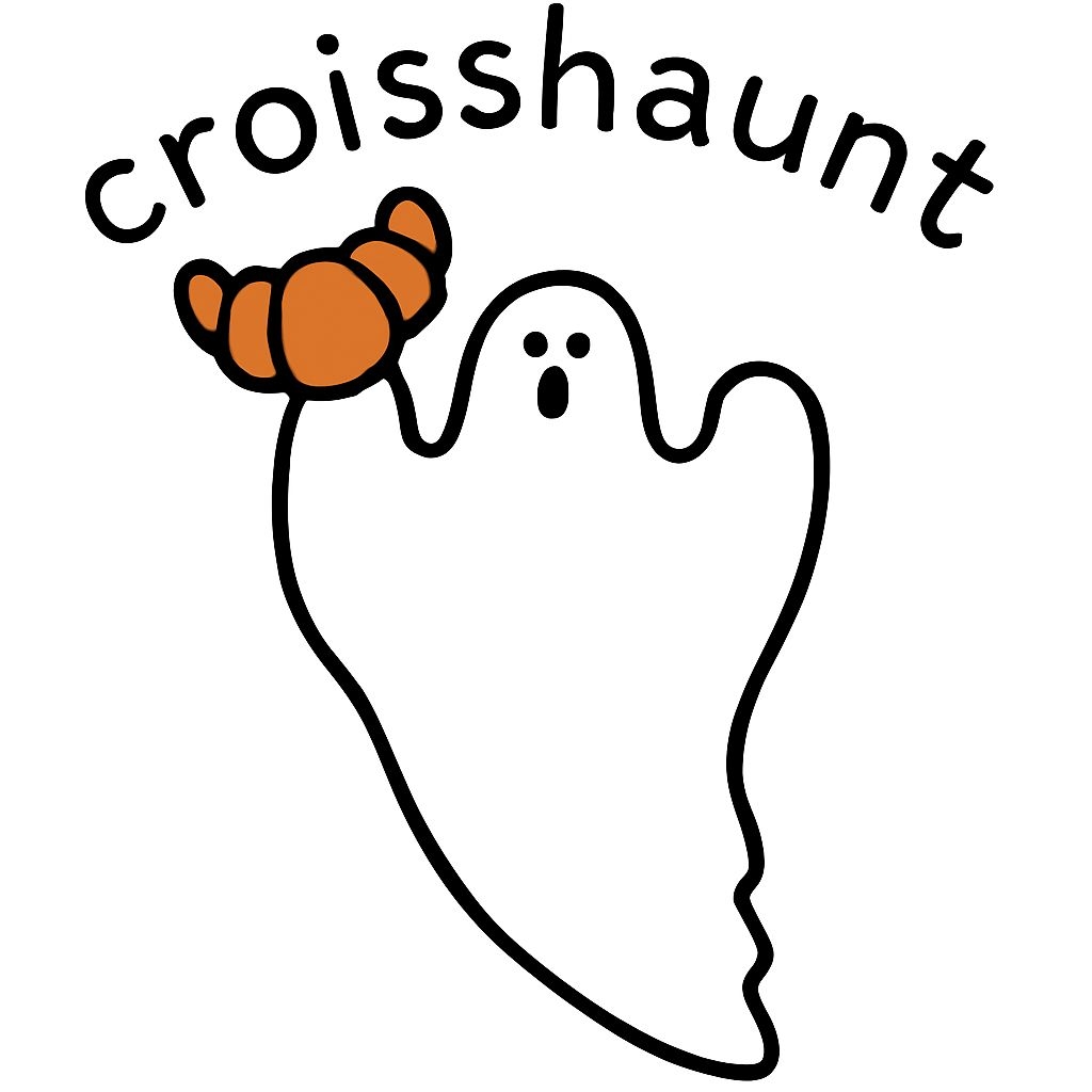 Playful Cartoon Ghost Holding Croissant Halloween Sticker