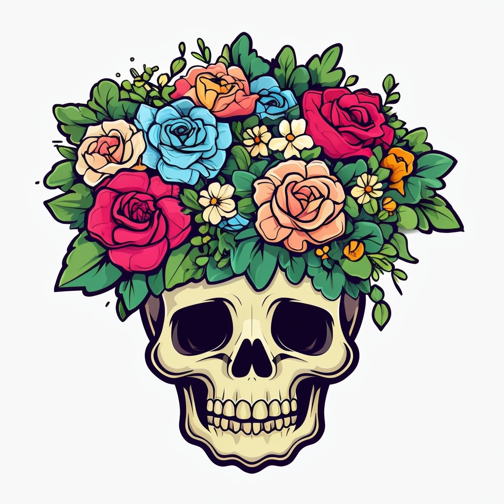 Colorful Skull Vase with Flowers Cartoon T-Shirt