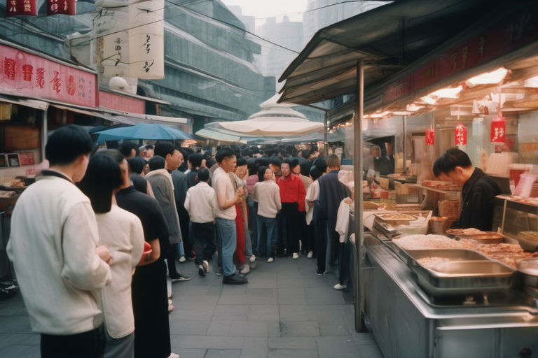 A 35mm photograph of a modern food stall with many customers... by Ian ...