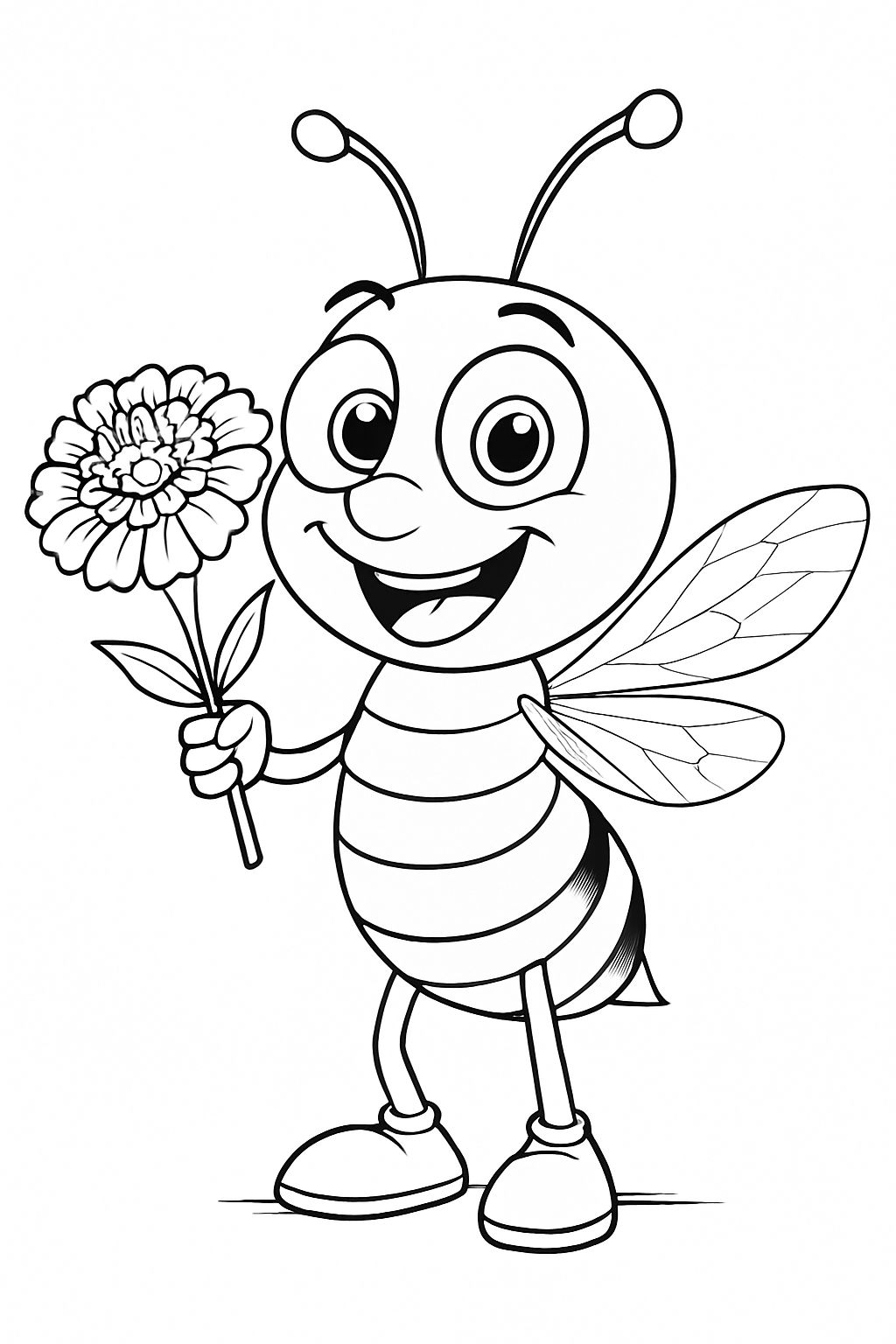 Cheerful Cartoon Bee Holding Flower Line Drawing Coloring Book Page