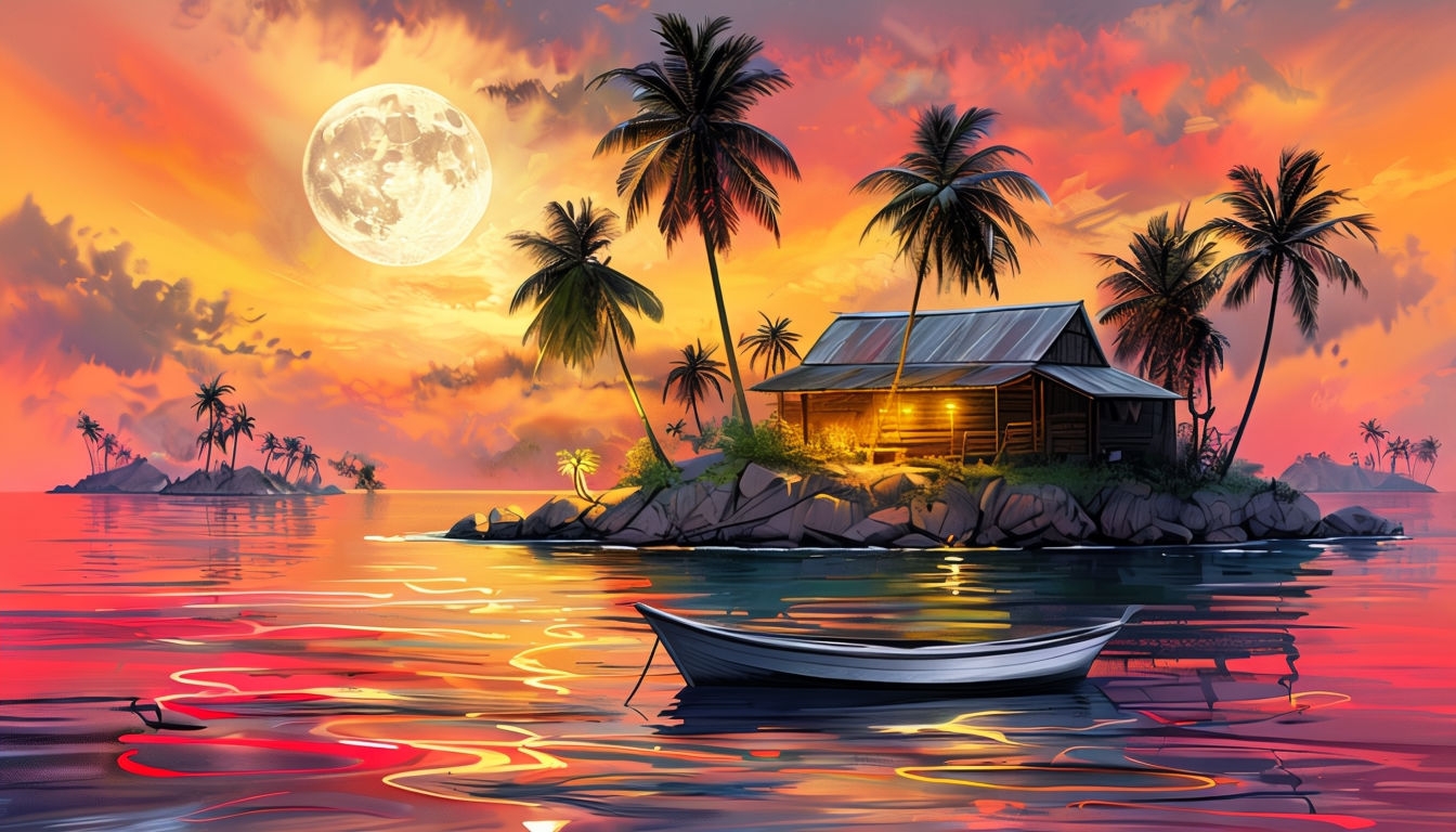 Serene Tropical Sunset Island Digital Art Poster