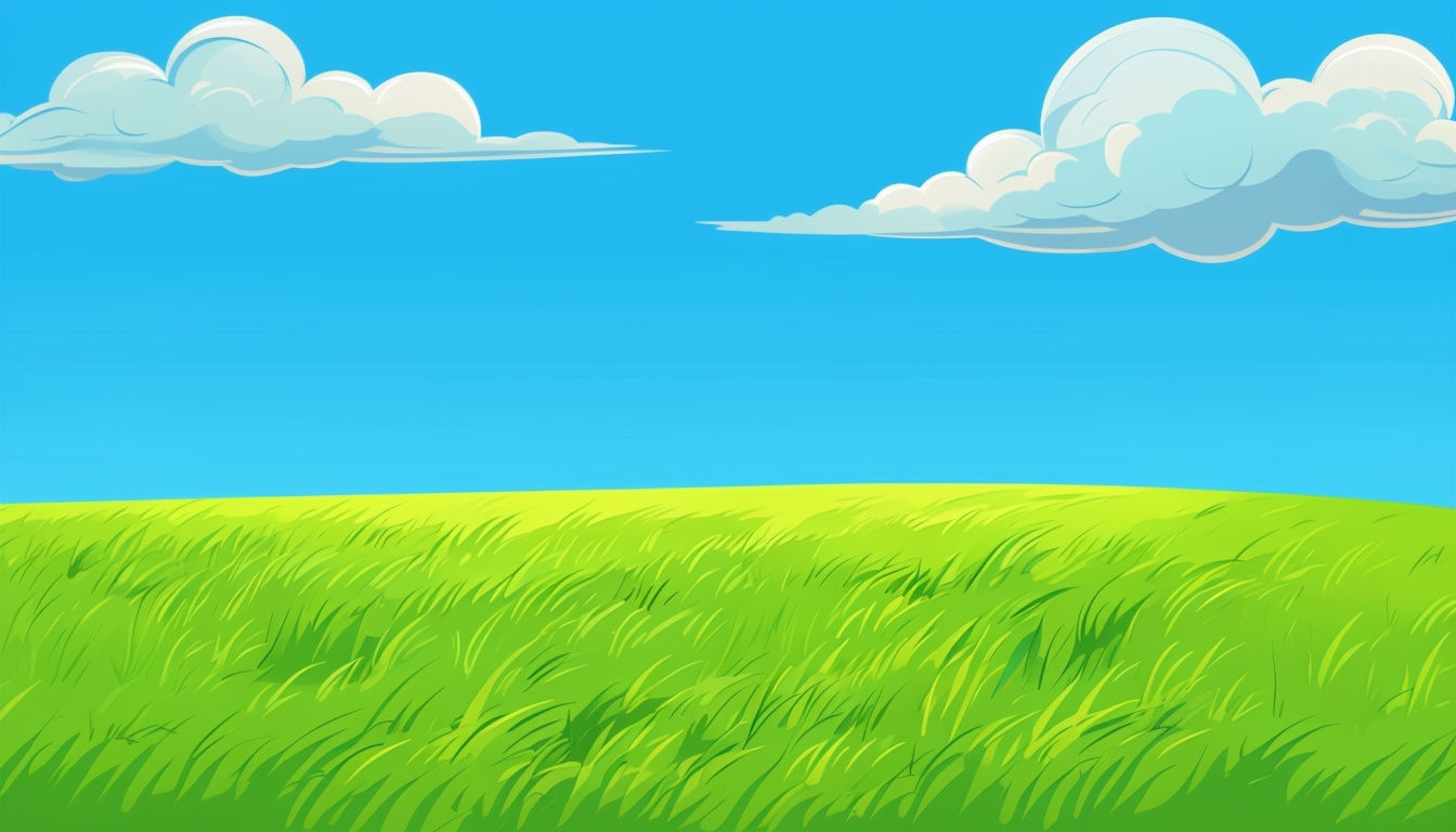 Cheerful Cartoon Landscape with Green Field and Blue Sky Background