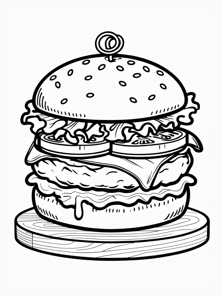 Black and White Double Cheeseburger Line Art for Coloring Book Pages