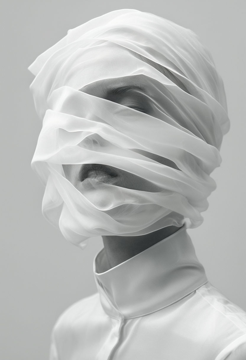 Ethereal Monochromatic Portrait with Sheer Fabric Layers Art