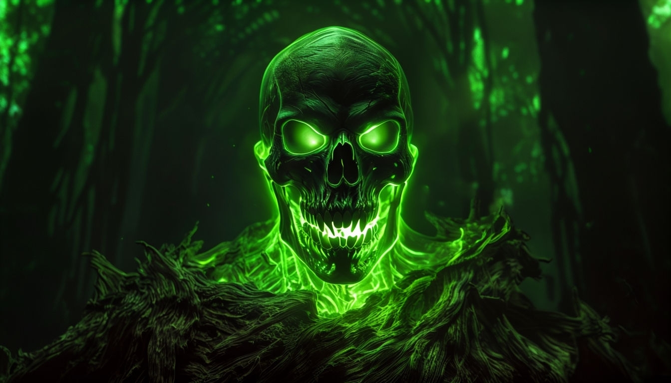 Eerie Neon Green Ghostly Figure in Dark Forest Background Virtual Backgrounds