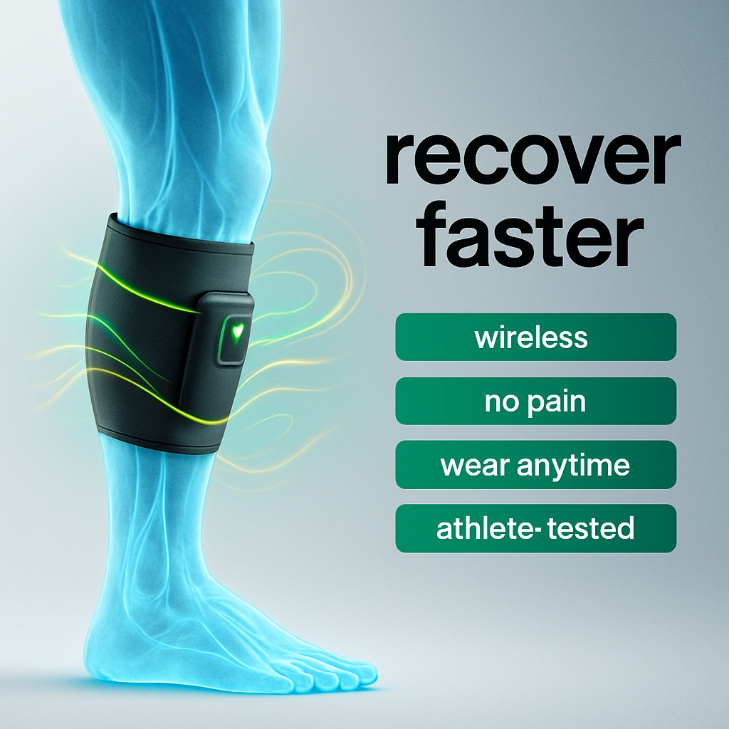 Futuristic Wireless Calf Support Band Ad with Tech Features Ads