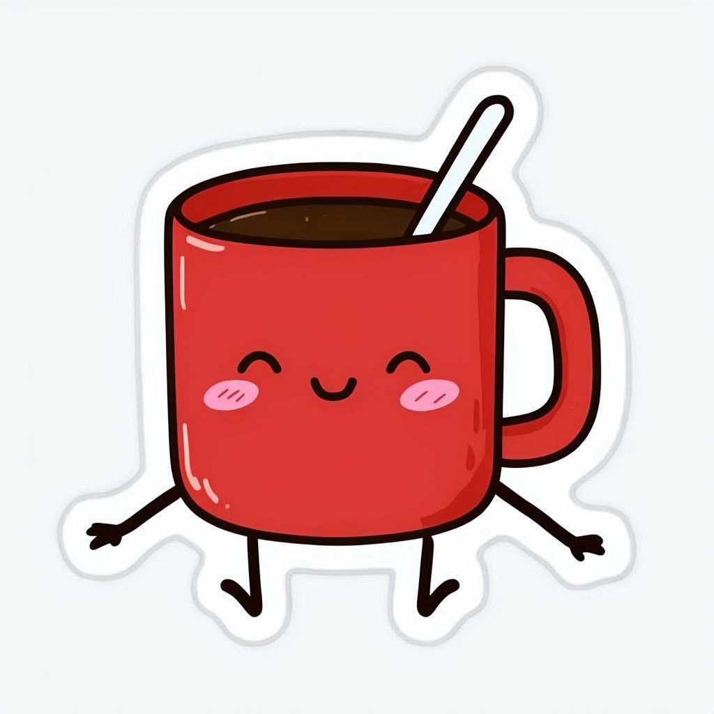 Cute Red Cartoon Mug with Smiling Face Sticker