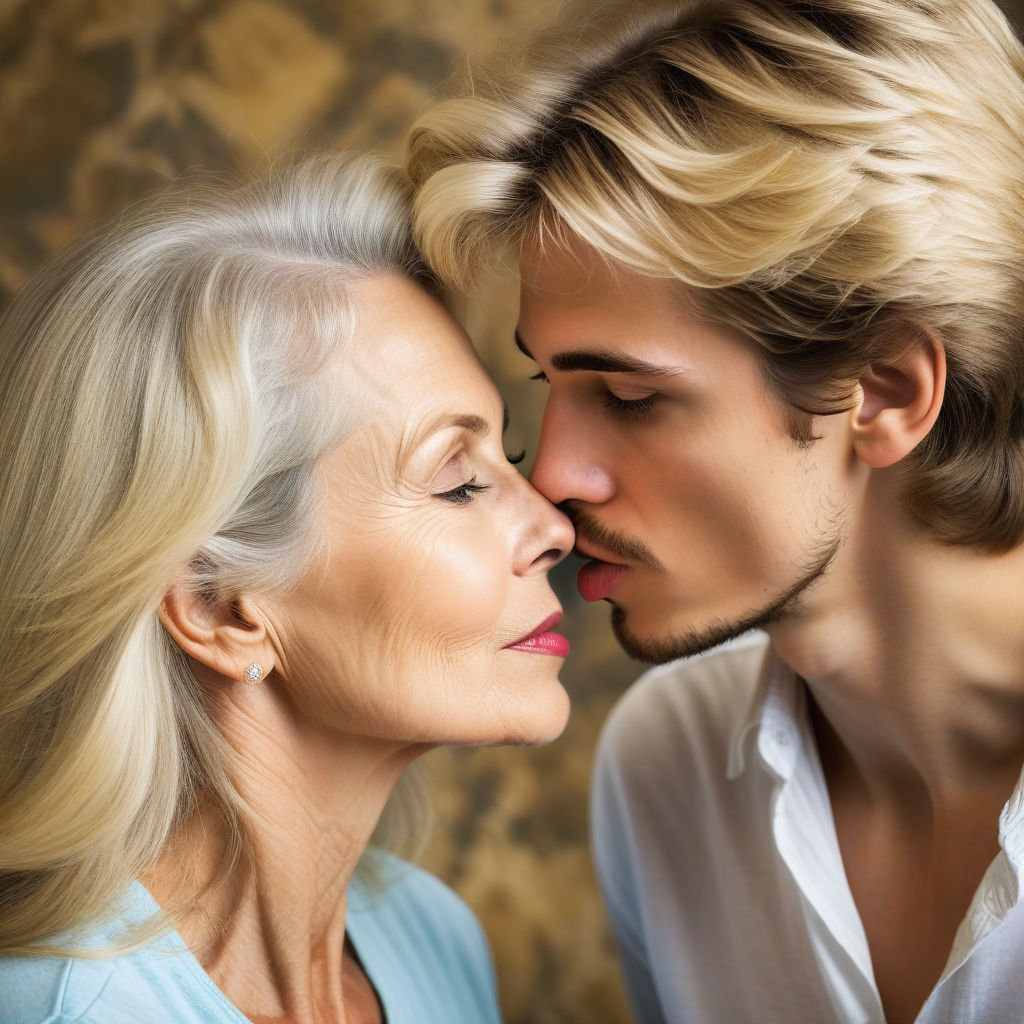 A mother and her son kissing at lips