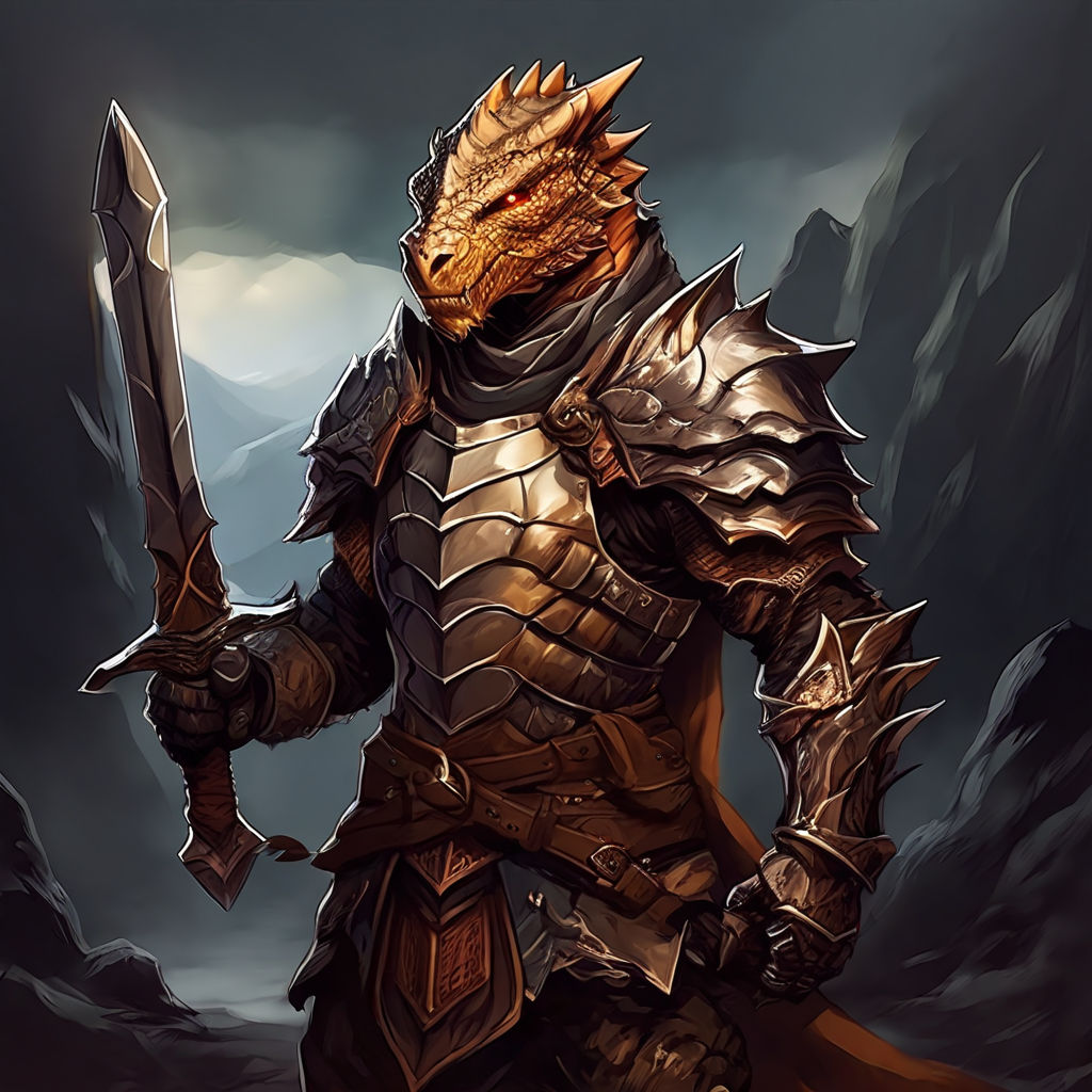 Draw a dragonborn knight with a greatsword on his back and w... by ...