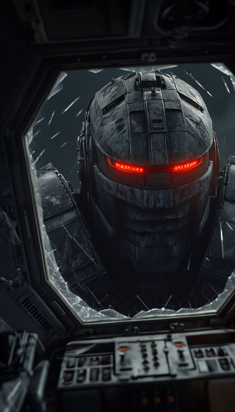 Tense View from Damaged Mech Cockpit Facing Iron Giant Mobile Wallpaper
