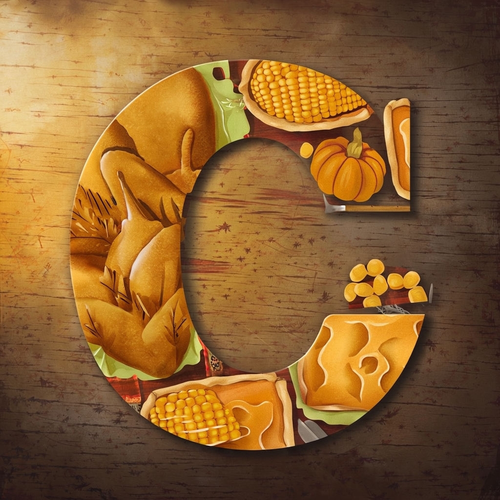 Thanksgiving Feast Monogram "C" with Turkey and Pumpkin Pie Art