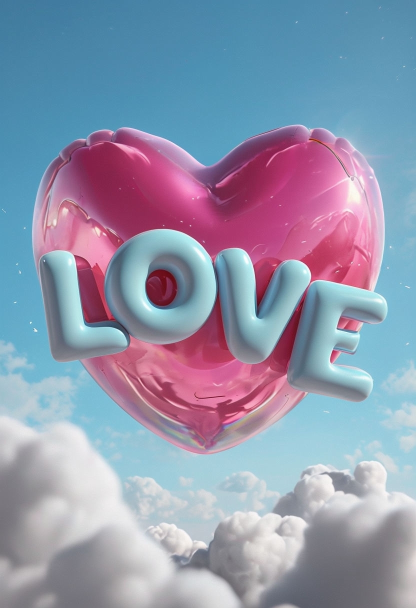 Vibrant 3D Love Word on Glossy Heart Digital Art Poster