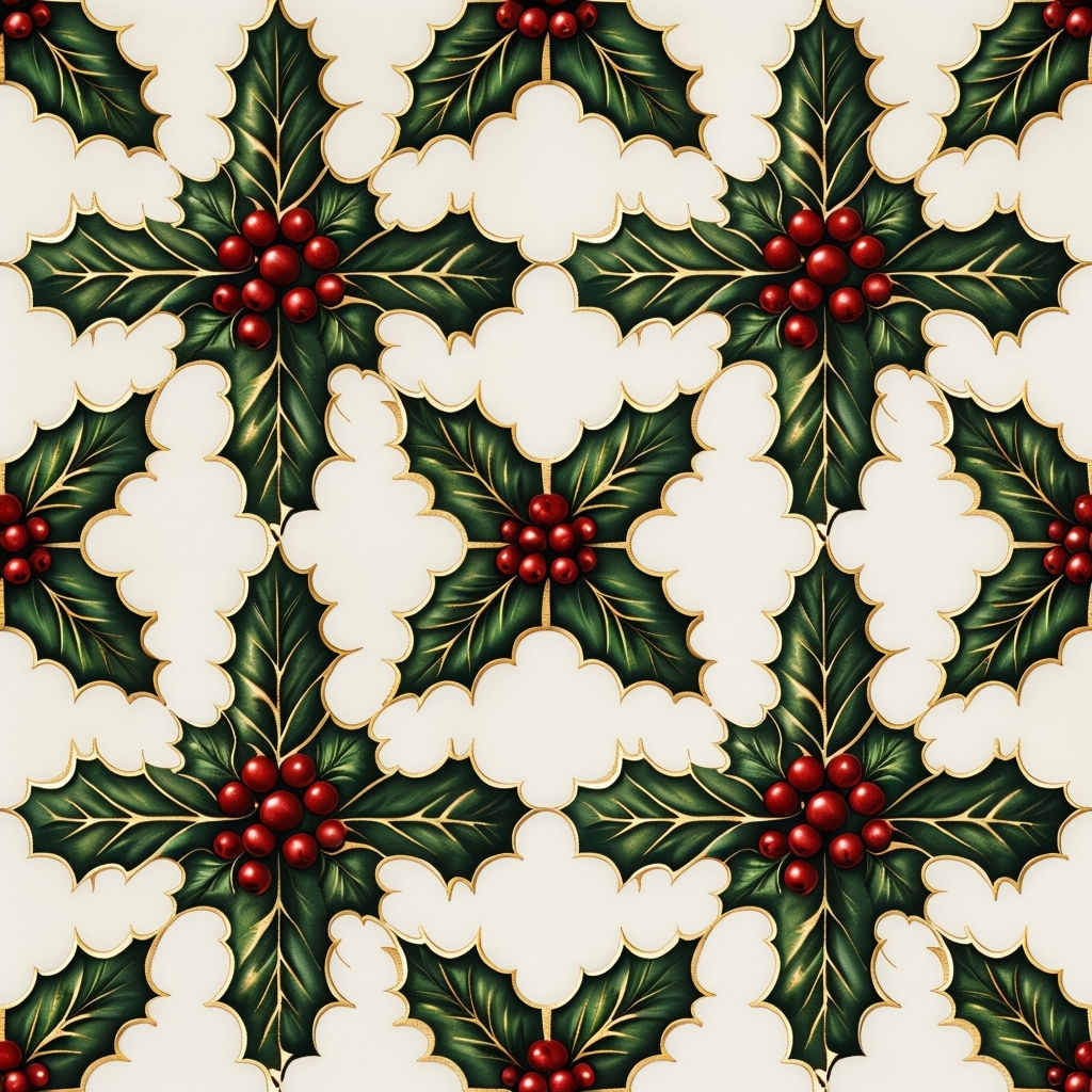 Luxurious Christmas Holly Pattern with Gold Trims Seamless Pattern