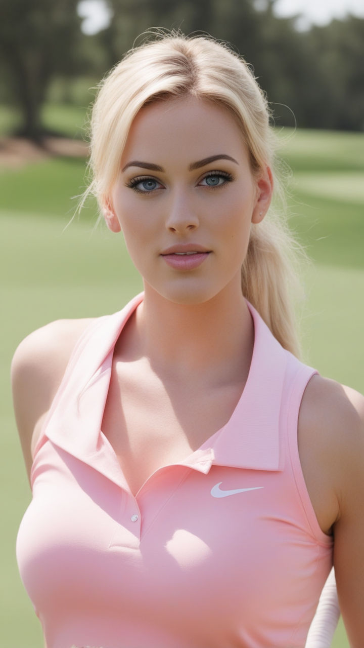 a photo of sexy paige spiranac bending over showing her sexy tight ass as  as a sexy woman playing golf in a white sexy tank top and short skirt bent  over with