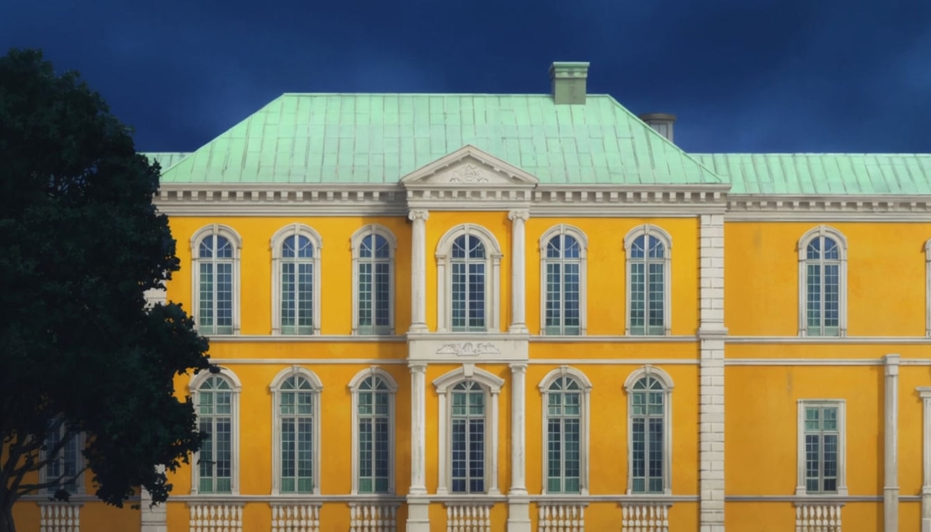 Vibrant Anime-Inspired Historical Building Virtual Background