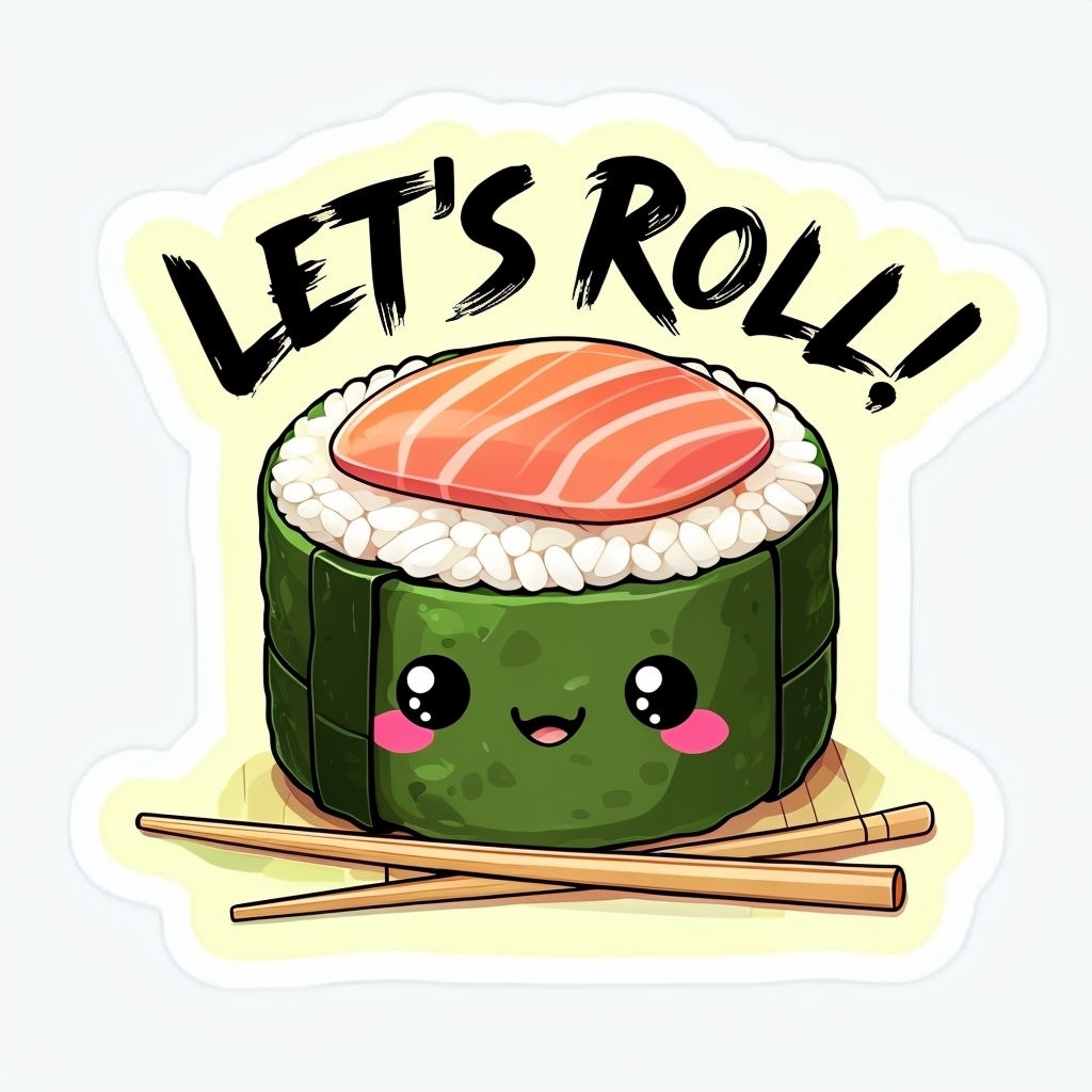 Cheerful Sushi Roll Character with Let's Roll Text Sticker