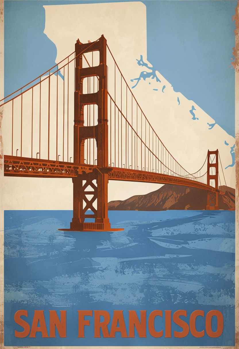 Vintage Golden Gate Bridge Travel Poster Featuring California Coastline