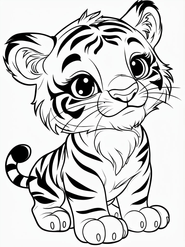 Adorable Cartoon Tiger Cub Line Drawing for Coloring Book Pages