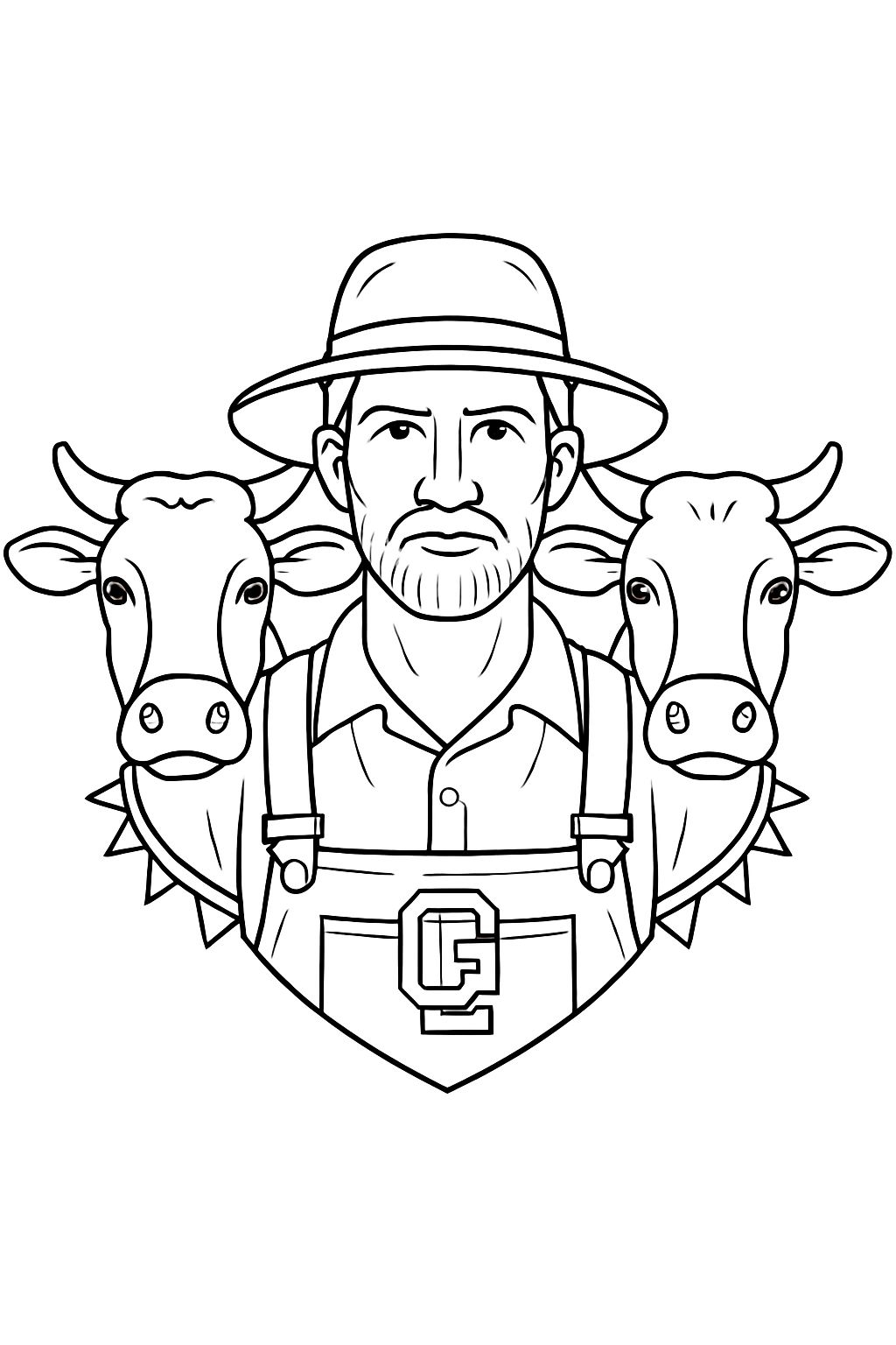 Symmetrical Farmer and Cows Black-and-White Line Drawing Coloring Book Page