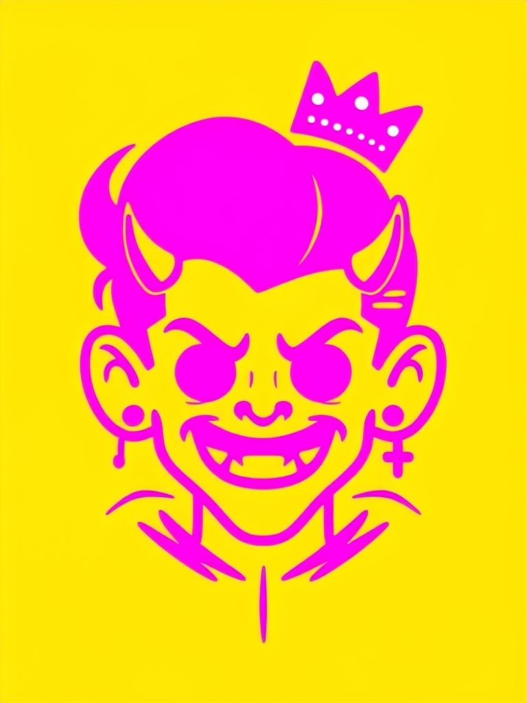 Playful Neon Magenta Demon Character on Yellow T-Shirt