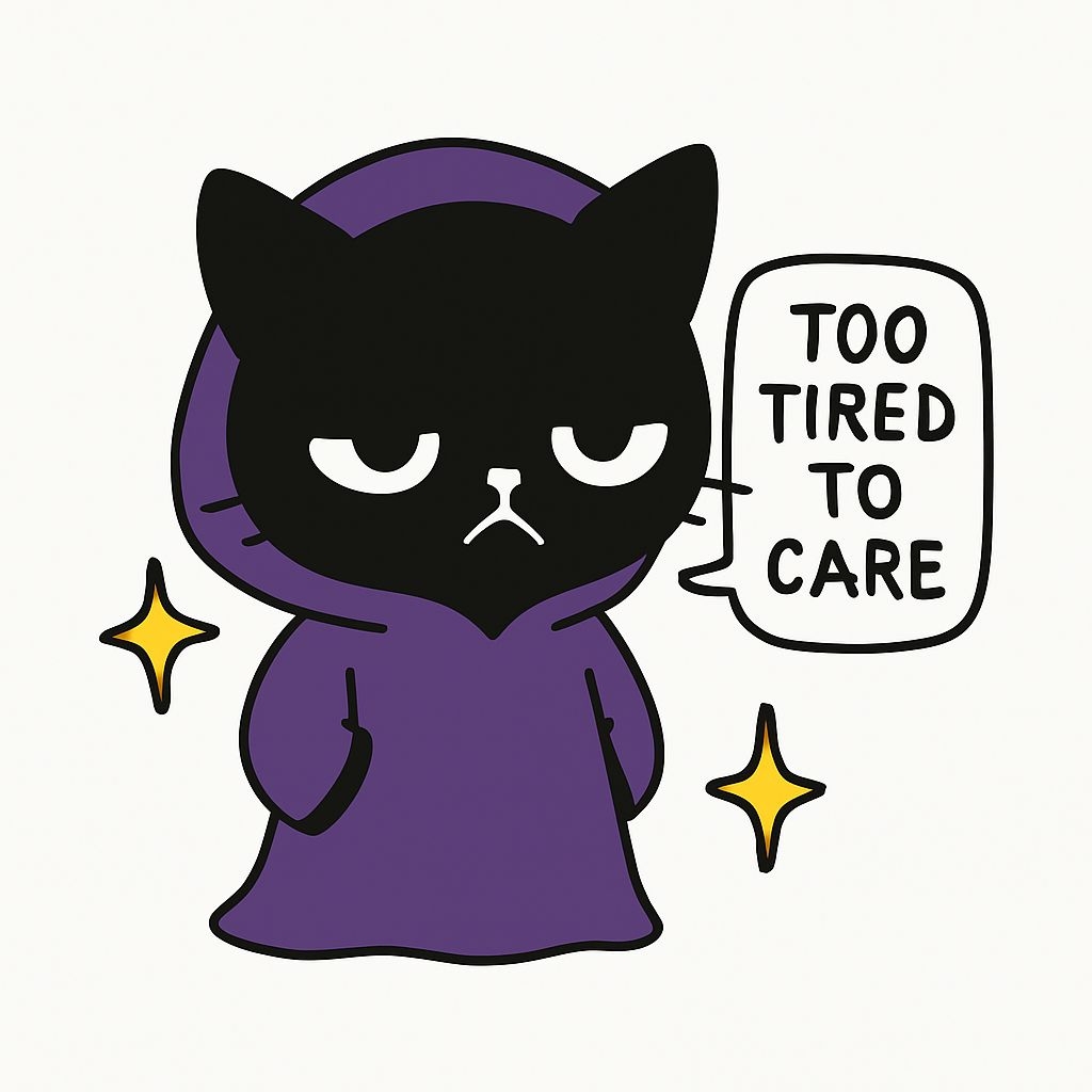Tired Black Cat in Purple Robe with 'Too Tired to Care' Sticker