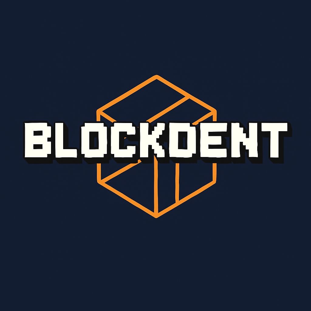 Bold Pixelated BLOCKDENT Logo Design with Hexagonal Outline