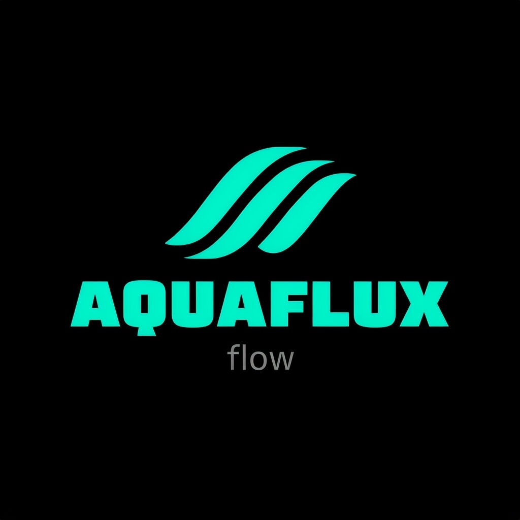Minimalist Teal AQUAFLUX Logo with Flow Text on Black Background Logo