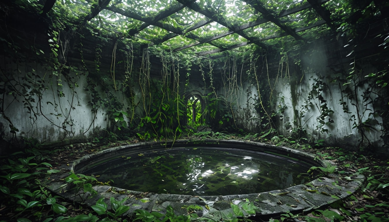 Mysterious Abandoned Overgrown Structure with Pool Virtual Background
