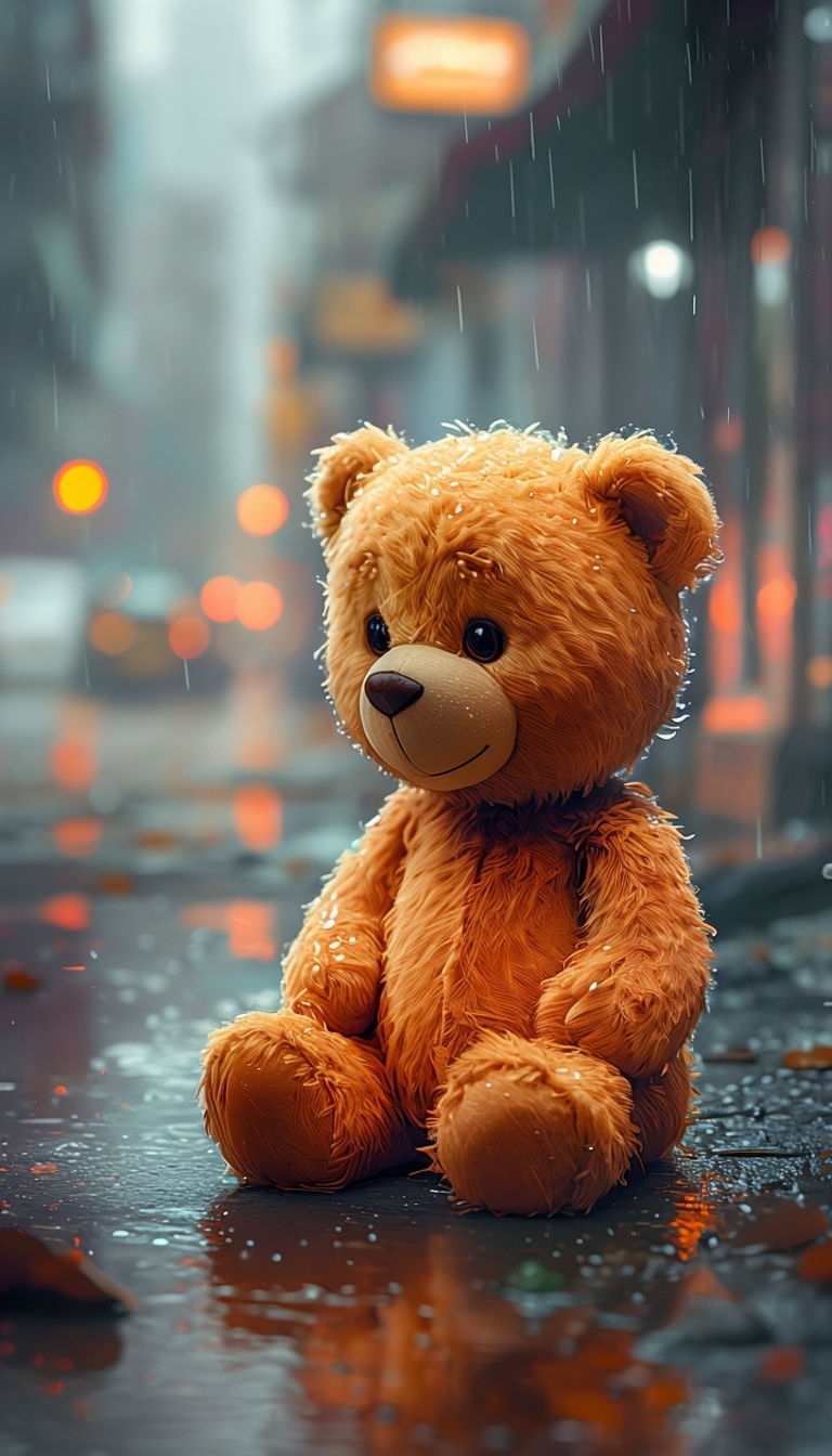 Heartwarming Orange Teddy Bear on Rainy Urban Street Mobile Wallpaper