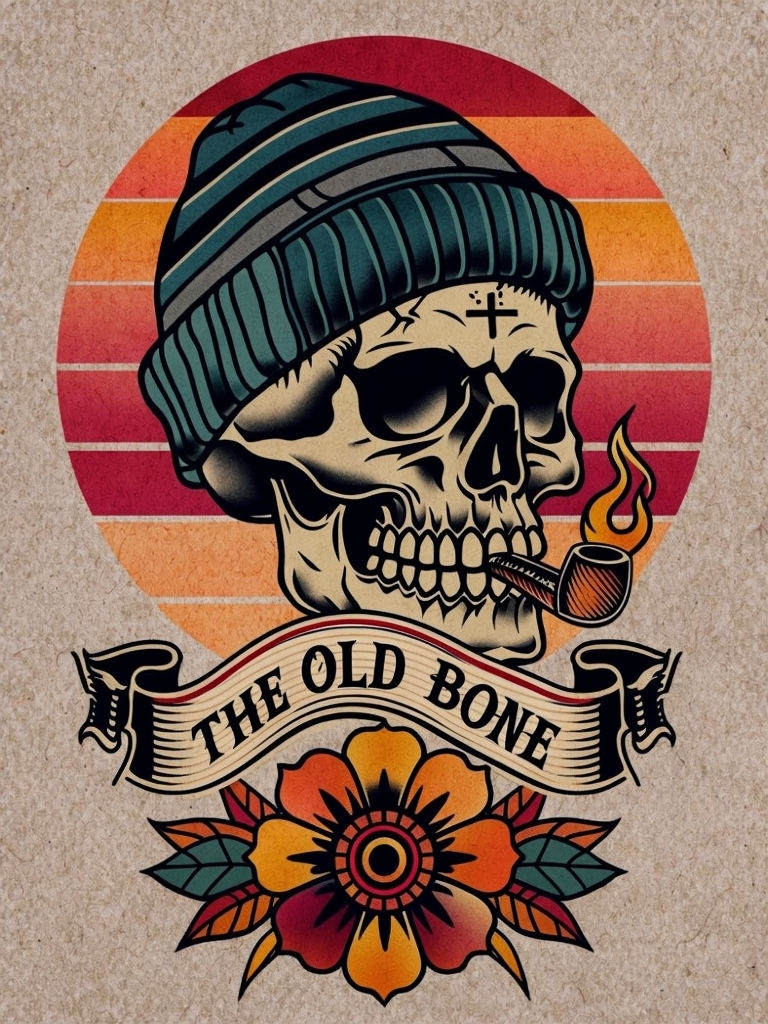 Vintage Tattoo Skull with Pipe and Banner T-Shirt