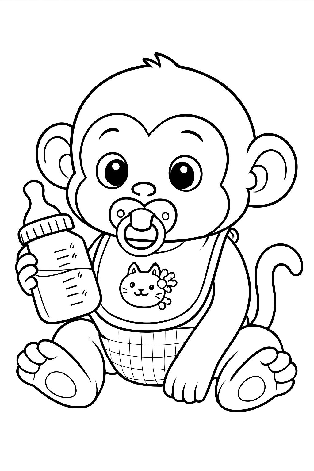 Cute Cartoon Monkey with Baby Bottle Coloring Book Page