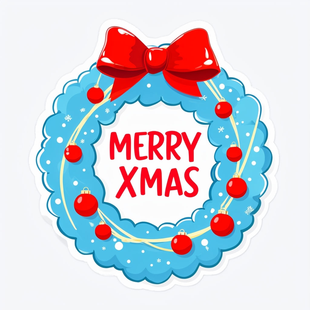 Cheerful Merry Xmas Wreath Cartoon Illustration Sticker